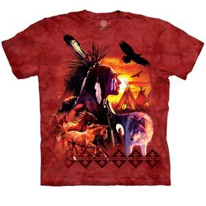 Wolf Horse Eagle Chief American Indian Collage Sunset Mountain Red Shirt S-3X
